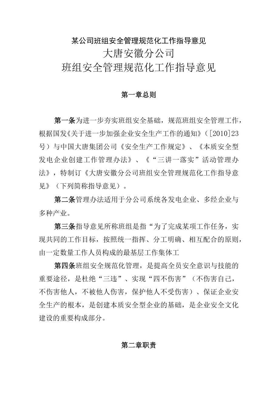 某公司班组安全管理规范化工作指导意见.docx_第1页