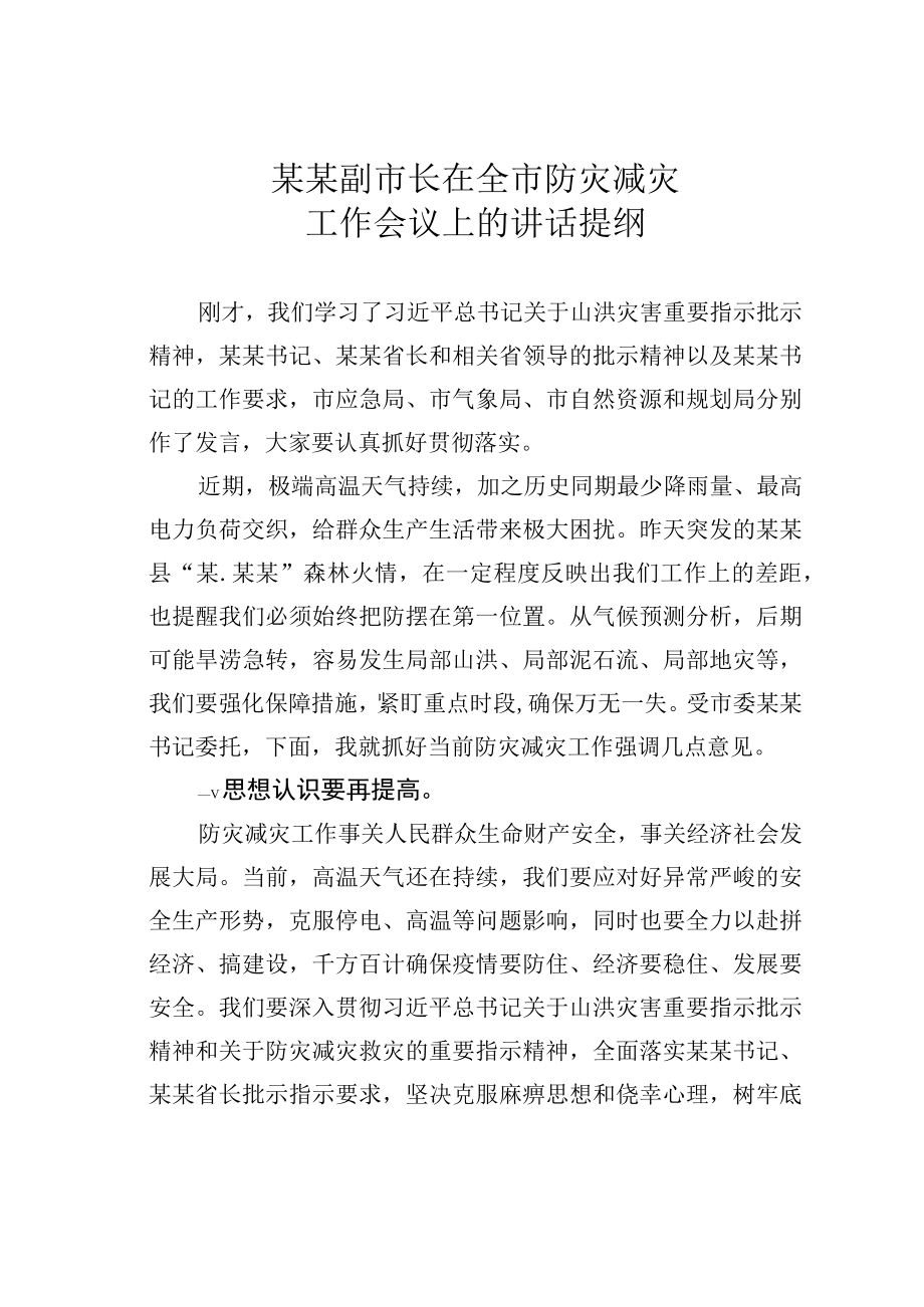 某某副市长在全市防灾减灾工作会议上的讲话提纲.docx_第1页