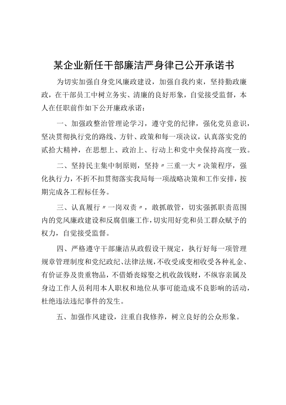 某企业新任干部廉洁自律公开承诺书.docx_第1页