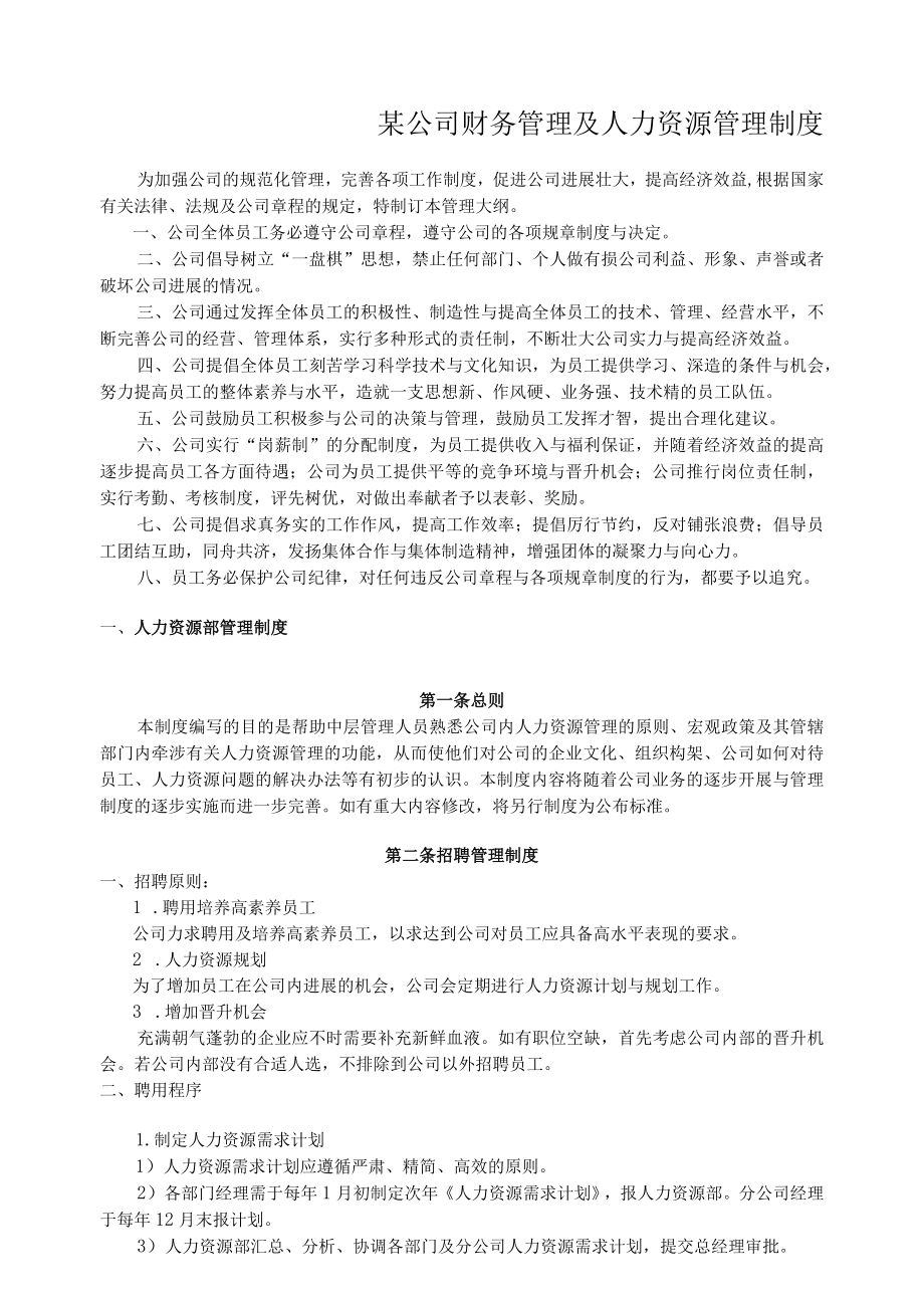 某公司财务管理及人力资源管理制度.docx_第1页