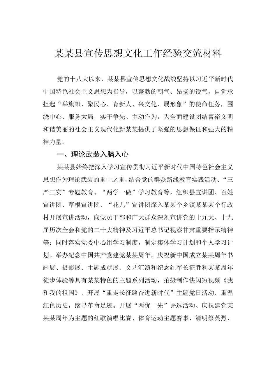 某某县宣传思想文化工作经验交流材料.docx_第1页