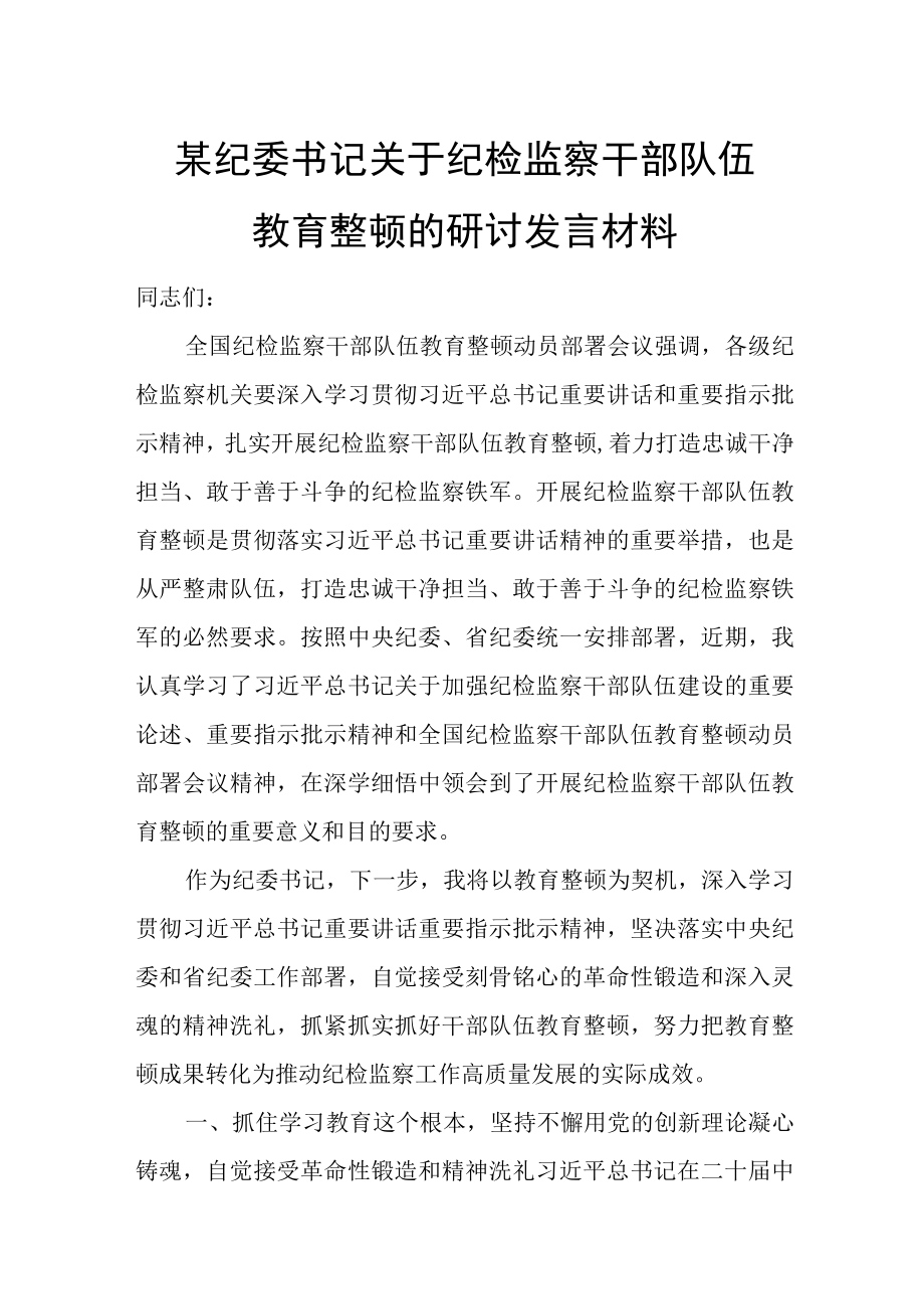 某纪委书记关于纪检监察干部队伍教育整顿的研讨发言材料.docx_第1页