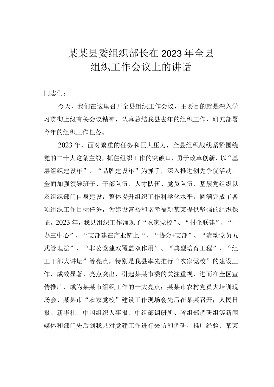 某某县委组织部长在2023年全县组织工作会议上的讲话.docx_第1页