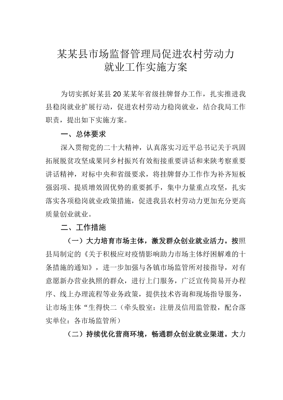 某某县市场监督管理局促进农村劳动力就业工作实施方案.docx_第1页