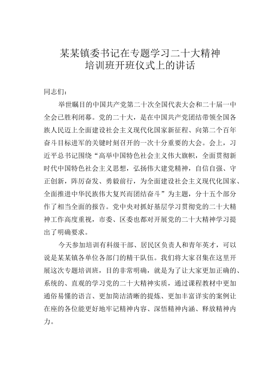 某某镇委书记在专题学习二十大精神培训班开班仪式上的讲话.docx_第1页