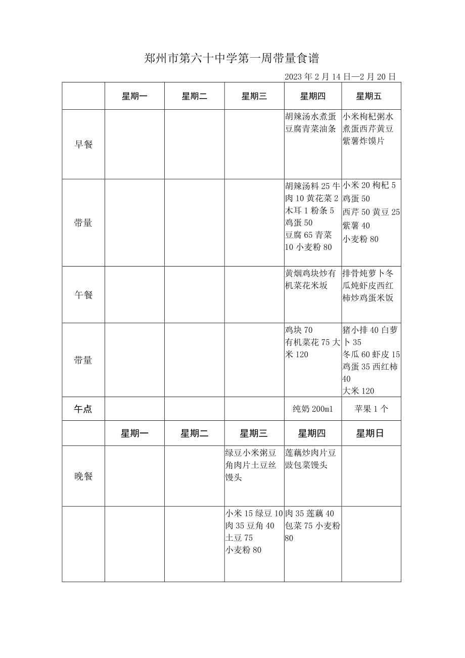 郑州市第六十中学第一周带量食谱2023年2月14日2月20日.docx_第1页