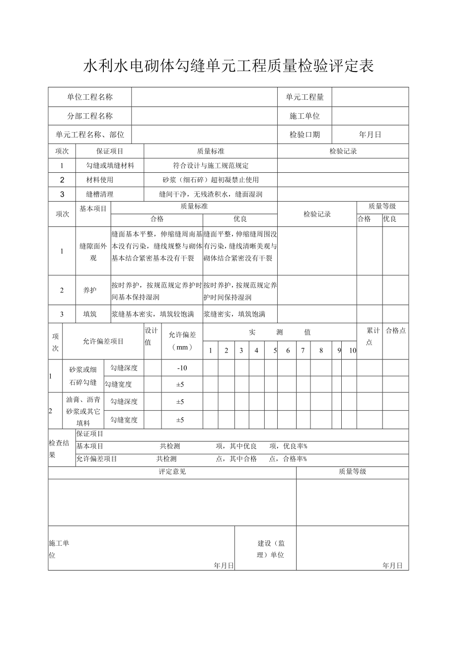 水利水电砌体勾缝单元工程质量检验评定表.docx_第1页