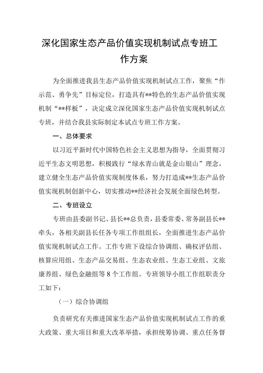 深化国家生态产品价值实现机制试点专班工作方案.docx_第1页