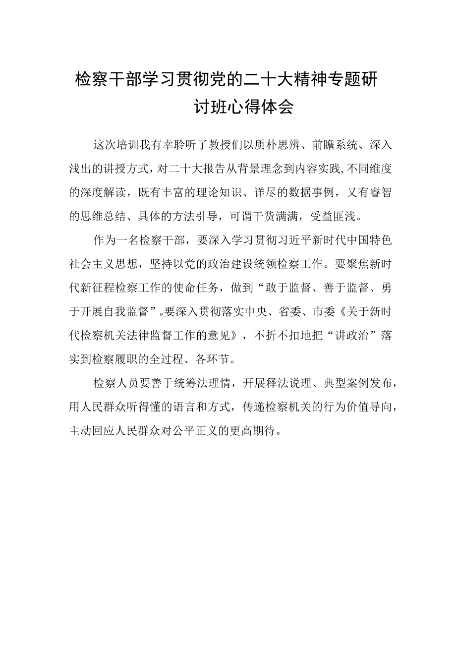 检察干部学习贯彻党的二十大精神专题研讨班心得体会.docx_第1页