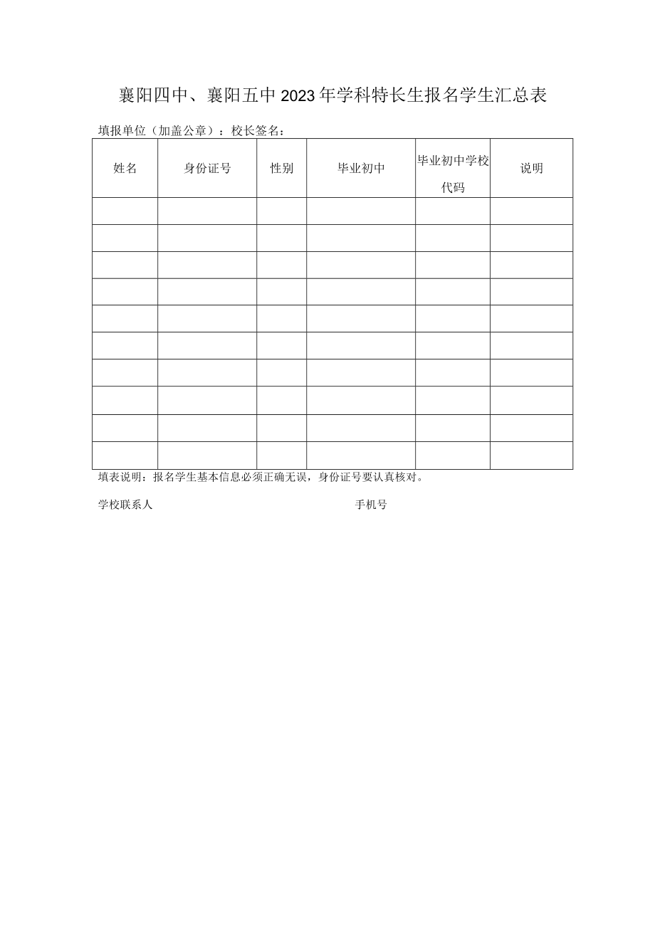 襄阳四中襄阳五中2023年学科特长生报名学生汇总表.docx_第1页