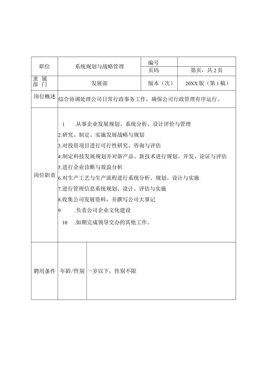 系统规划与战略管理——办公室人力资源财会职位说明书一稿资料文档.docx_第1页