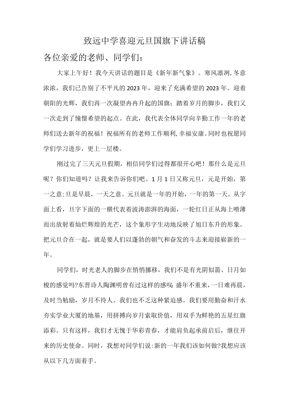 致远中学喜迎元旦国旗下讲话稿.docx_第1页