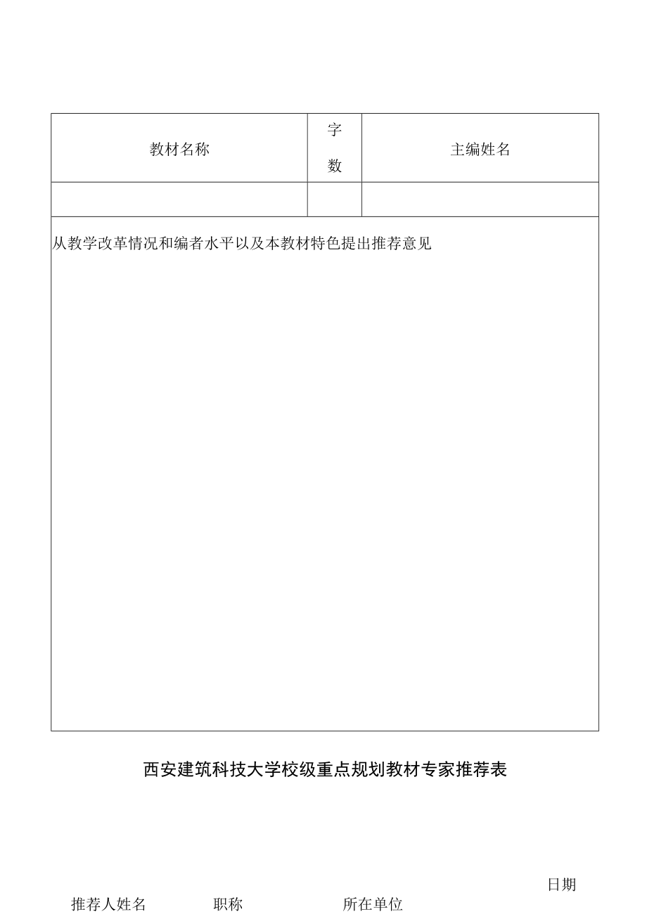 西安建筑科技大学校级重点规划教材专家推荐表.docx_第1页