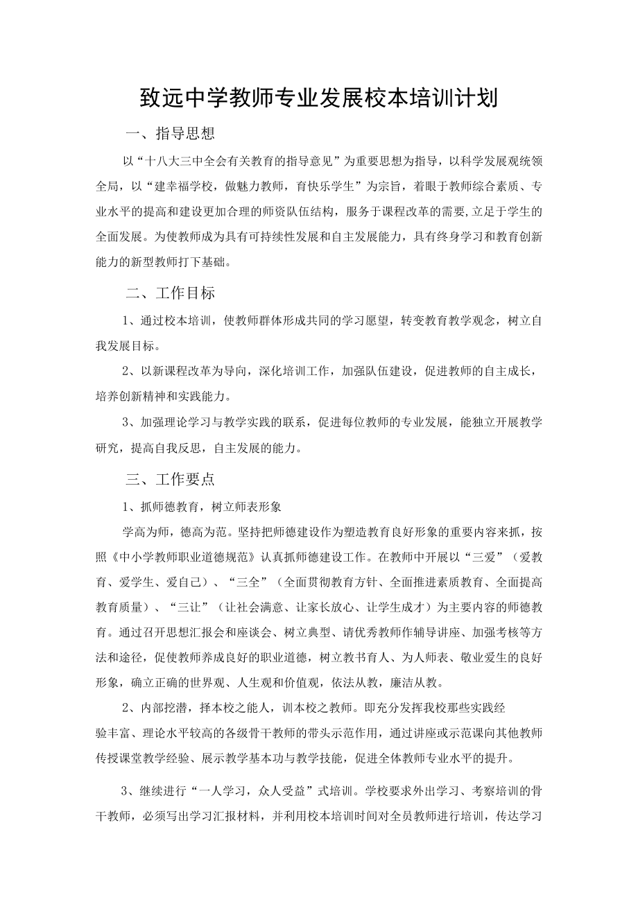 致远中学教师专业发展校本培训计划.docx_第1页