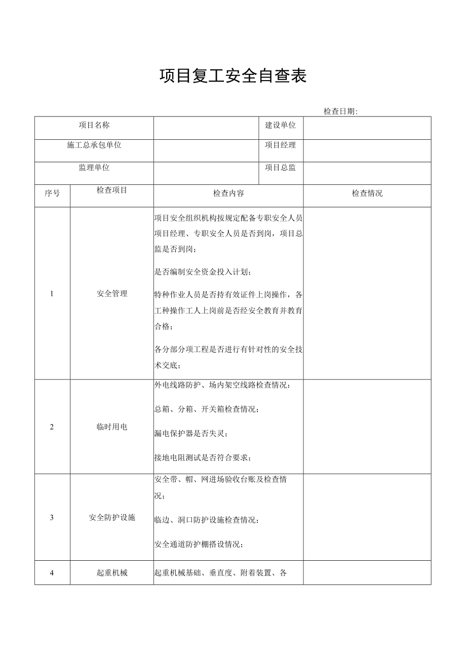 项目复工安全自查表.docx_第1页