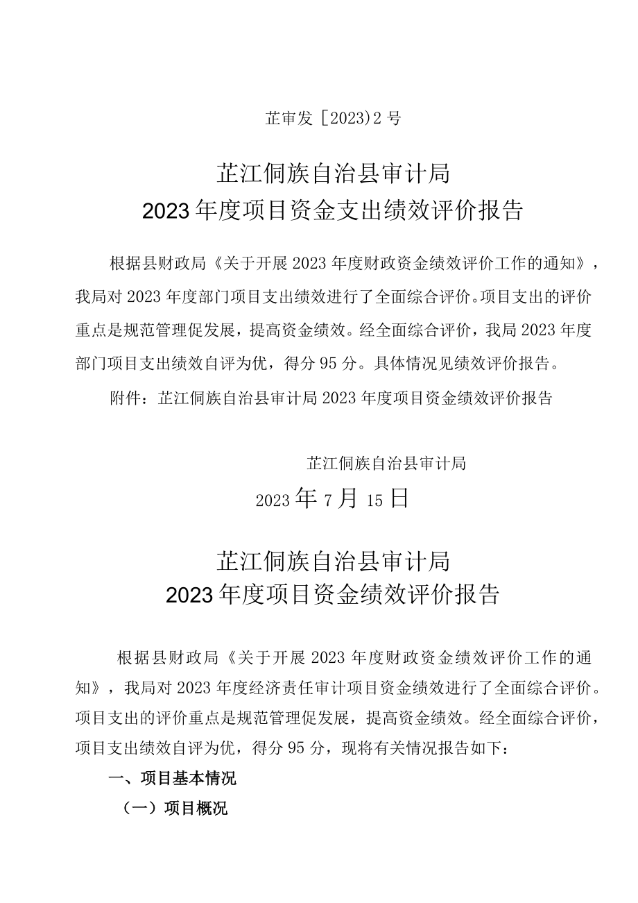 芷审发〔2023〕2号芷江侗族自治县审计局2023年度项目资金支出绩效评价报告.docx_第1页