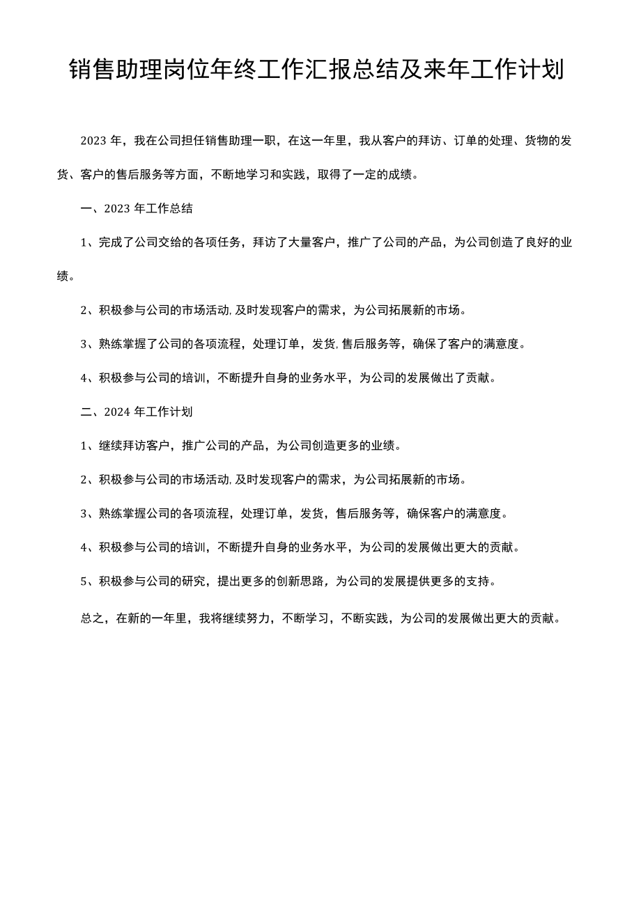 销售助理岗位年终工作汇报总结及来年工作计划.docx_第1页