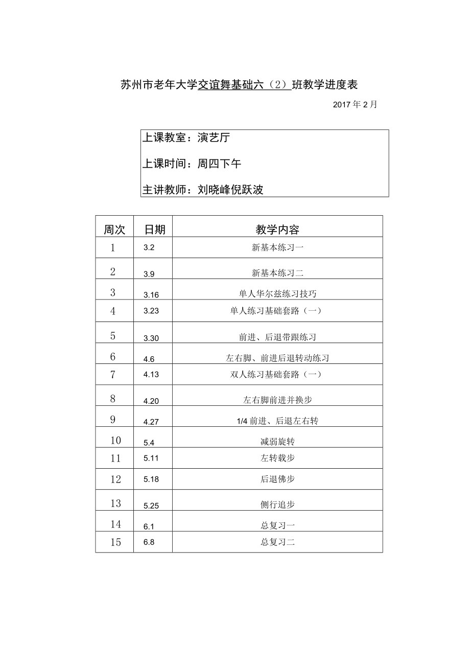 苏州市老年大学交谊舞基础六2班教学进度表.docx_第1页