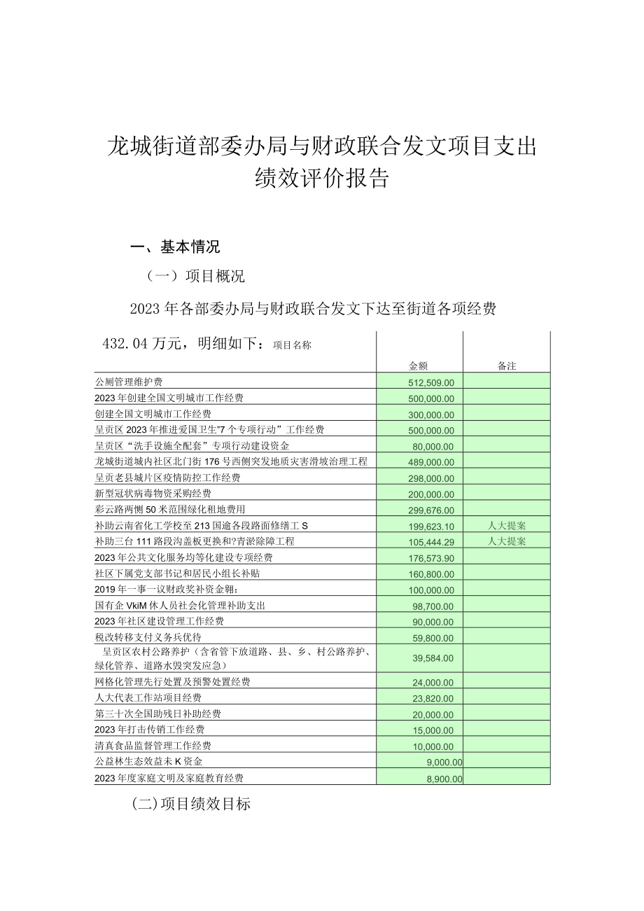 龙城街道部委办局与财政联合发文项目支出绩效评价报告.docx_第1页