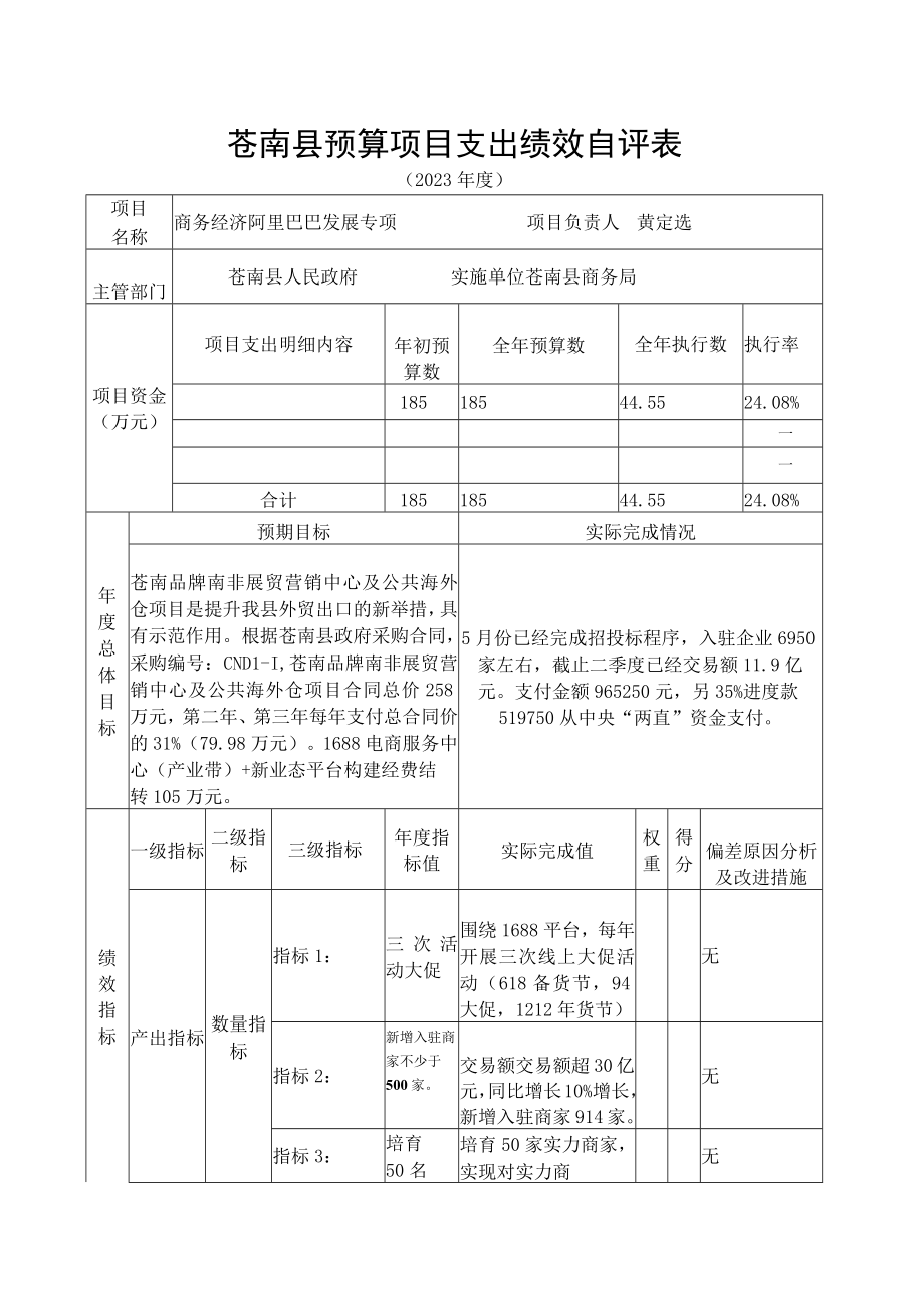 苍南县预算项目支出绩效自评表.docx_第1页