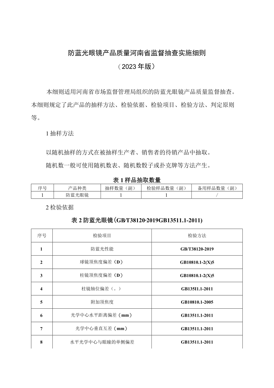 防蓝光眼镜产品质量河南省监督抽查实施细则2023年版.docx_第1页