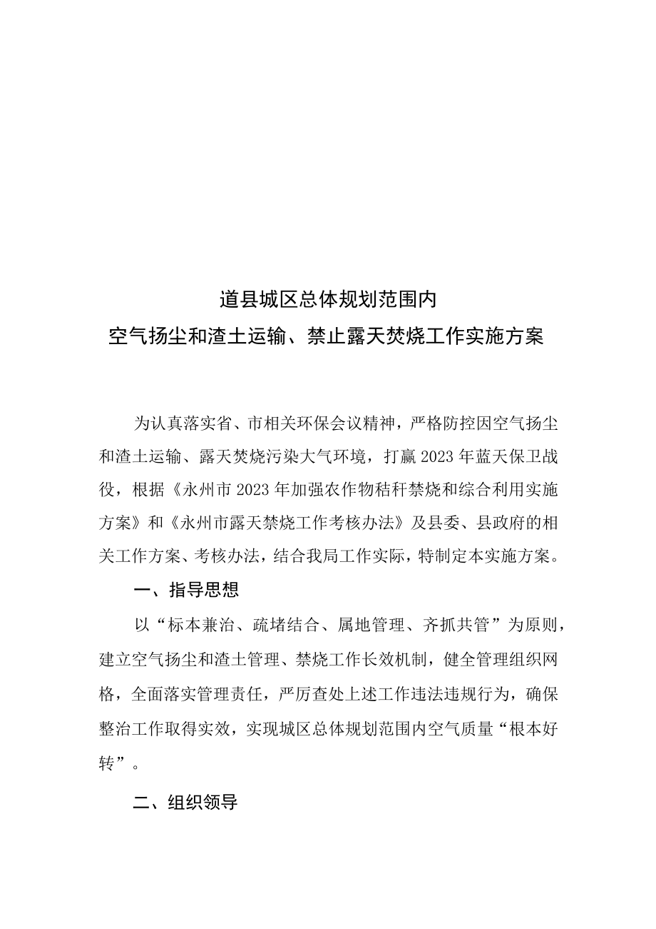 道县城区总体规划范围内空气扬尘和渣土运输禁止露天焚烧工作实施方案.docx_第1页