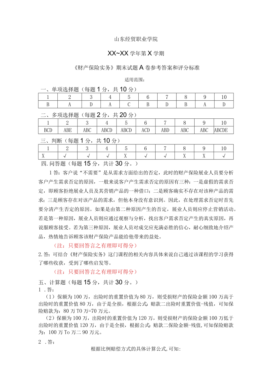 财产保险实务期末A卷参考答案及评分标准.docx_第1页