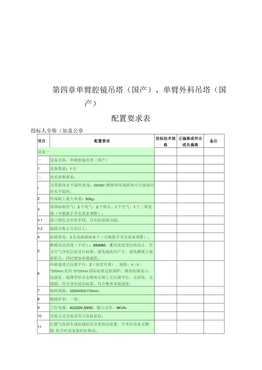 第四章单臂腔镜吊塔国产单臂外科吊塔国产配置要求表.docx_第1页