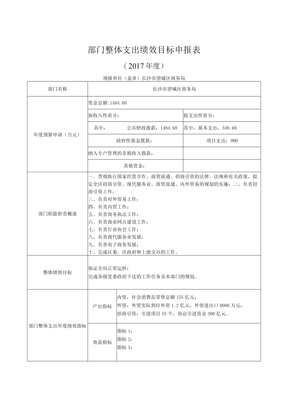 部门整体支出绩效目标申报017年度.docx_第1页