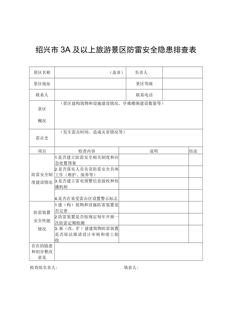 绍兴市3A及以上旅游景区防雷安全隐患排查表.docx_第1页