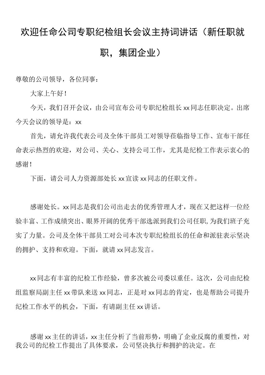 欢迎任命公司专职纪检组长会议主持词讲话（新任职就职集团企业）.docx_第1页