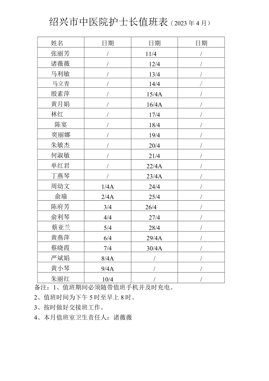 绍兴市中医院护士长值班023年4月日期备注值班期间必须随带值班手机并及时充电.docx_第1页