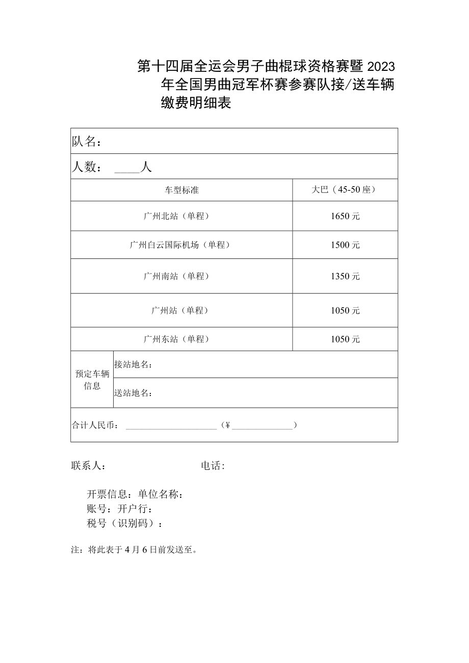 第十四届全运会男子曲棍球资格赛暨2023年全国男曲冠军杯赛参赛队接送车辆缴费明细表.docx_第1页