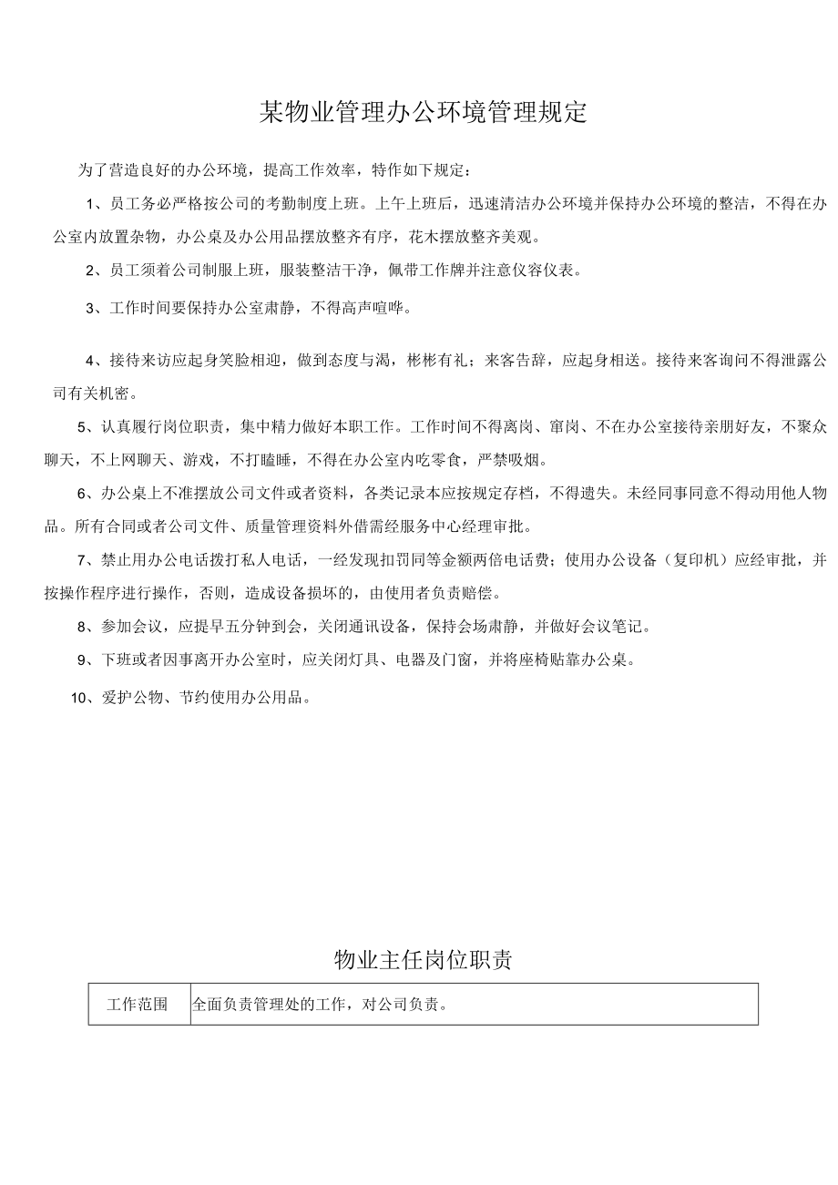 某物业管理办公环境管理规定.docx_第1页