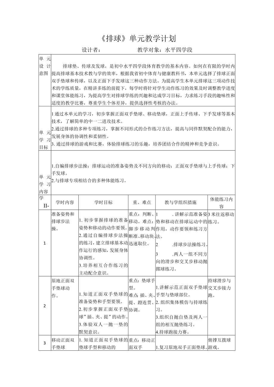 水平四（初一）体育《排球正面双手垫球》教学设计及教案（附单元教学计划）.docx_第1页