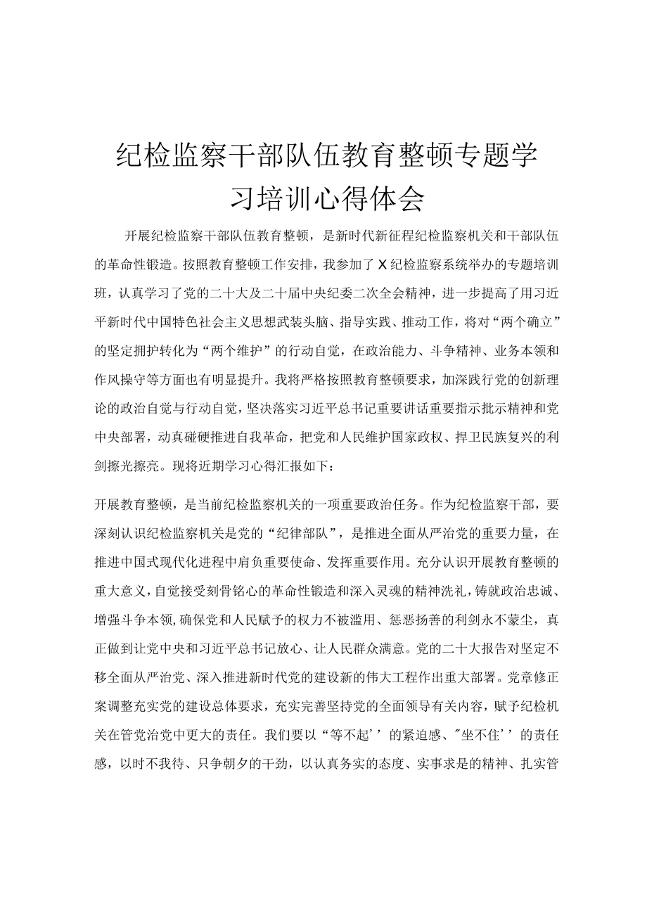 纪检监察干部队伍教育整顿专题学习培训心得体会.docx_第1页