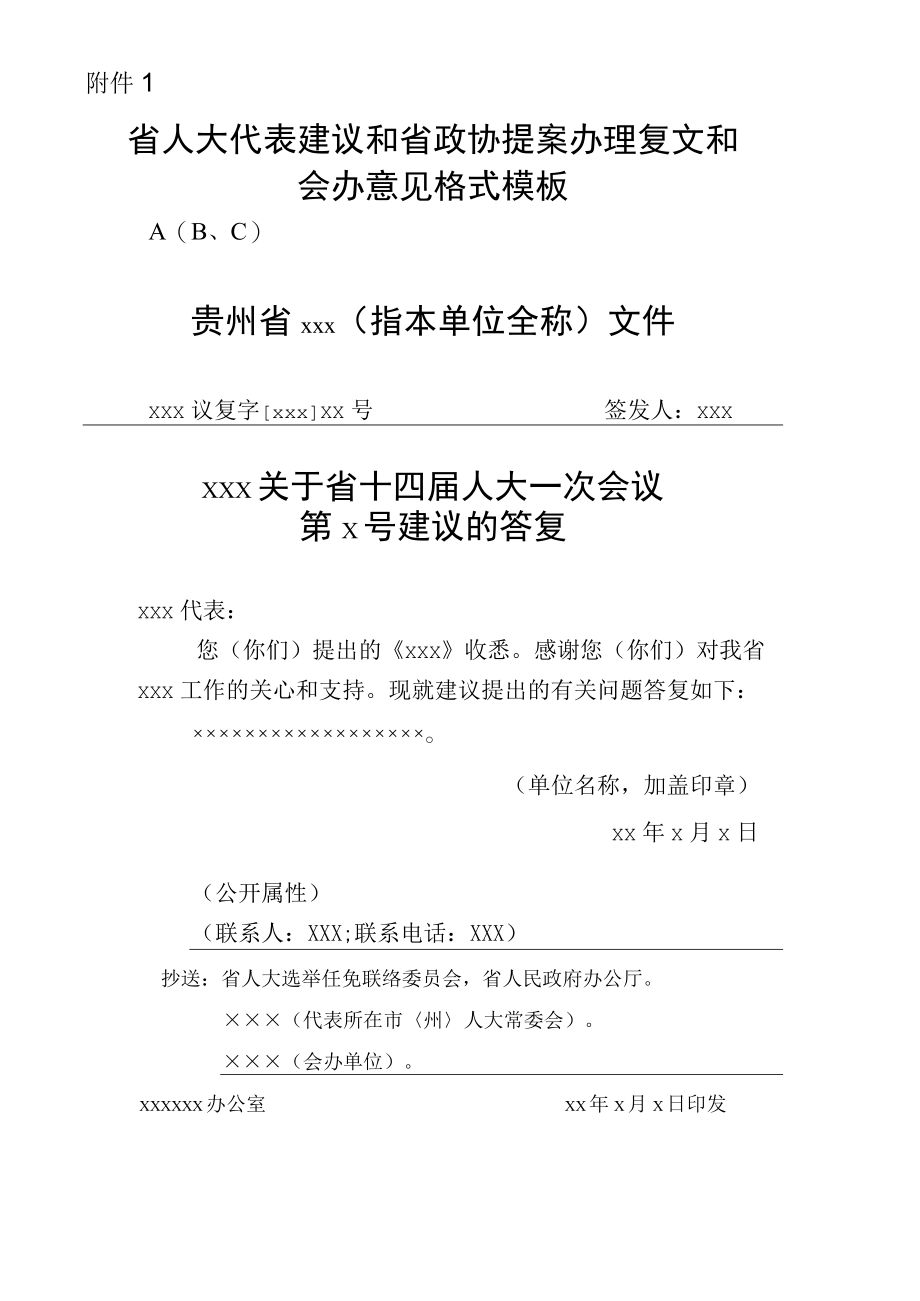 省人大代表建议和省政协提案办理复文和会办意见格式模板.docx_第1页