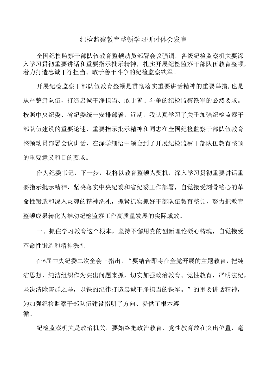 纪检监察教育整顿学习研讨体会发言.docx_第1页