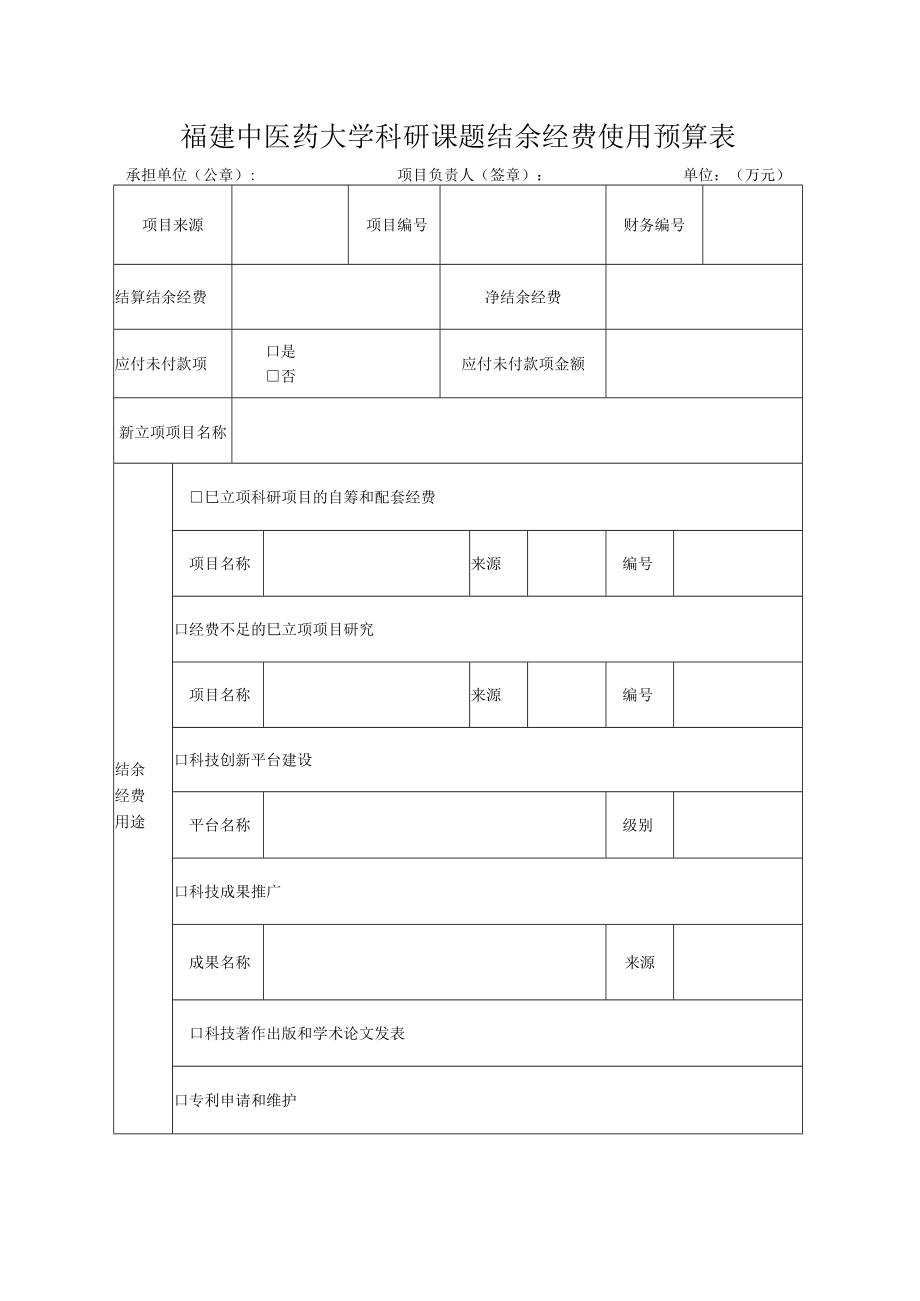 福建中医药大学科研课题结余经费使用预算表.docx_第1页