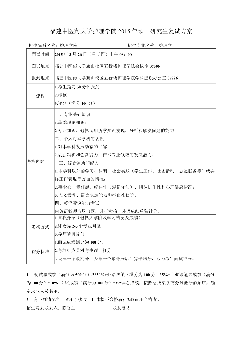 福建中医药大学护理学院2015年硕士研究生复试方案.docx_第1页