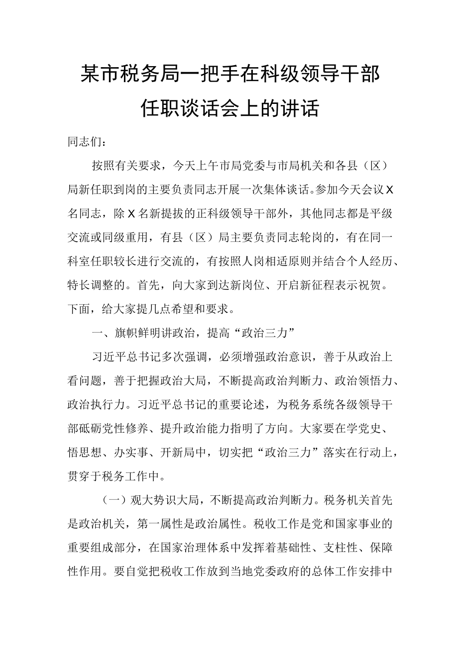 某市税务局一把手在科级领导干部任职谈话会上的讲话.docx_第1页