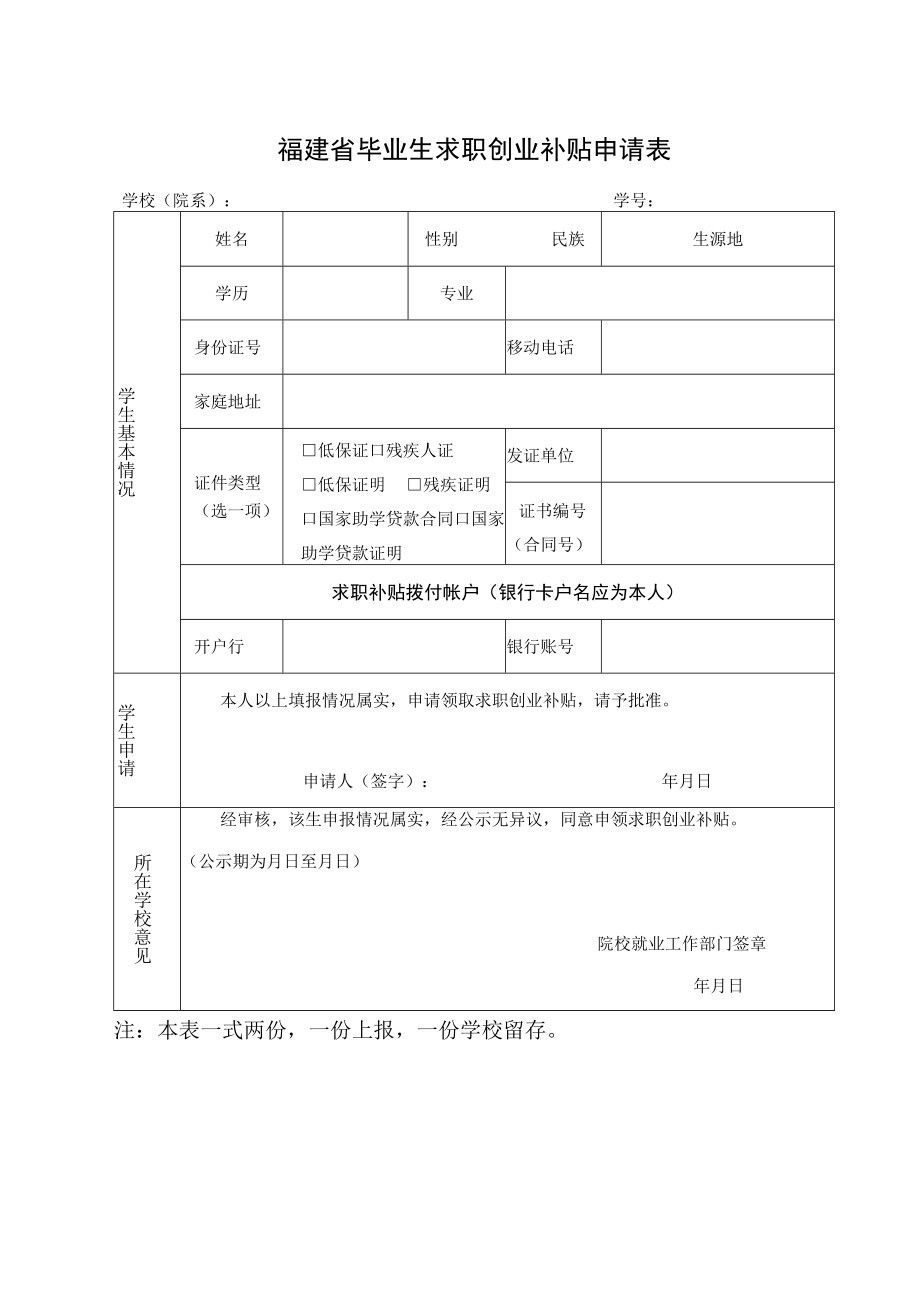 福建省毕业生求职创业补贴申请表.docx_第1页