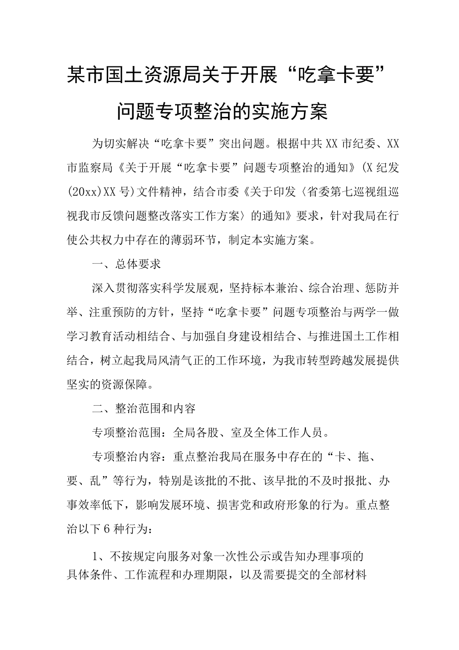 某市国土资源局关于开展吃拿卡要问题专项整治的实施方案.docx_第1页