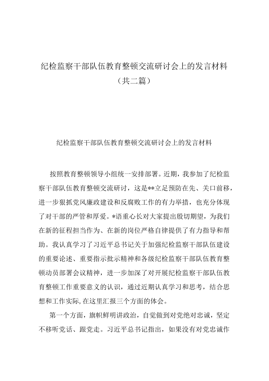 纪检监察干部队伍教育整顿交流研讨会上的发言材料(共二篇).docx_第1页