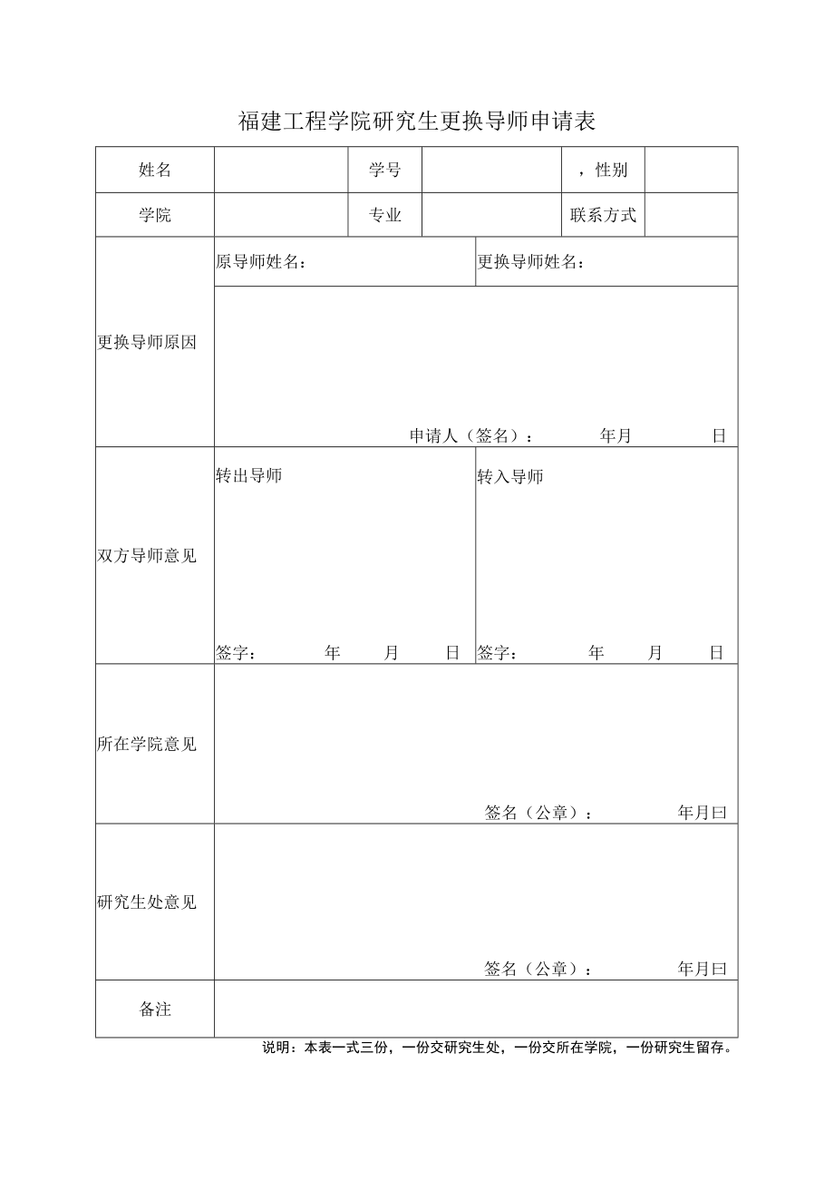 福建工程学院研究生更换导师申请表.docx_第1页