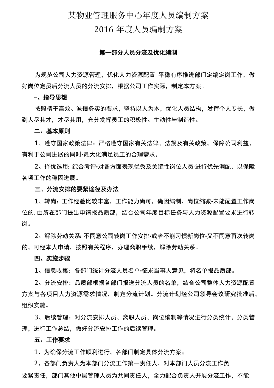 某物业管理服务中心年度人员编制方案.docx_第1页