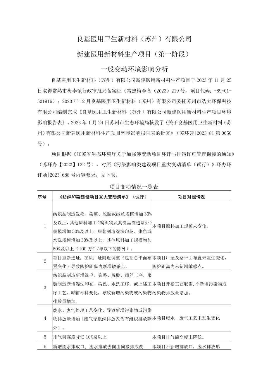 良基医用卫生新材料苏州有限公司新建医用新材料生产项目第一阶段一般变动环境影响分析.docx_第1页