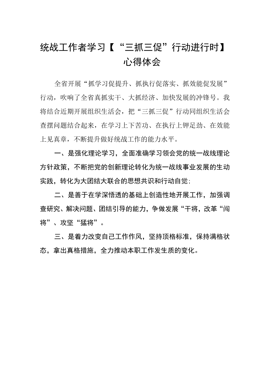 统战工作者学习三抓三促行动进行时心得体会.docx_第1页