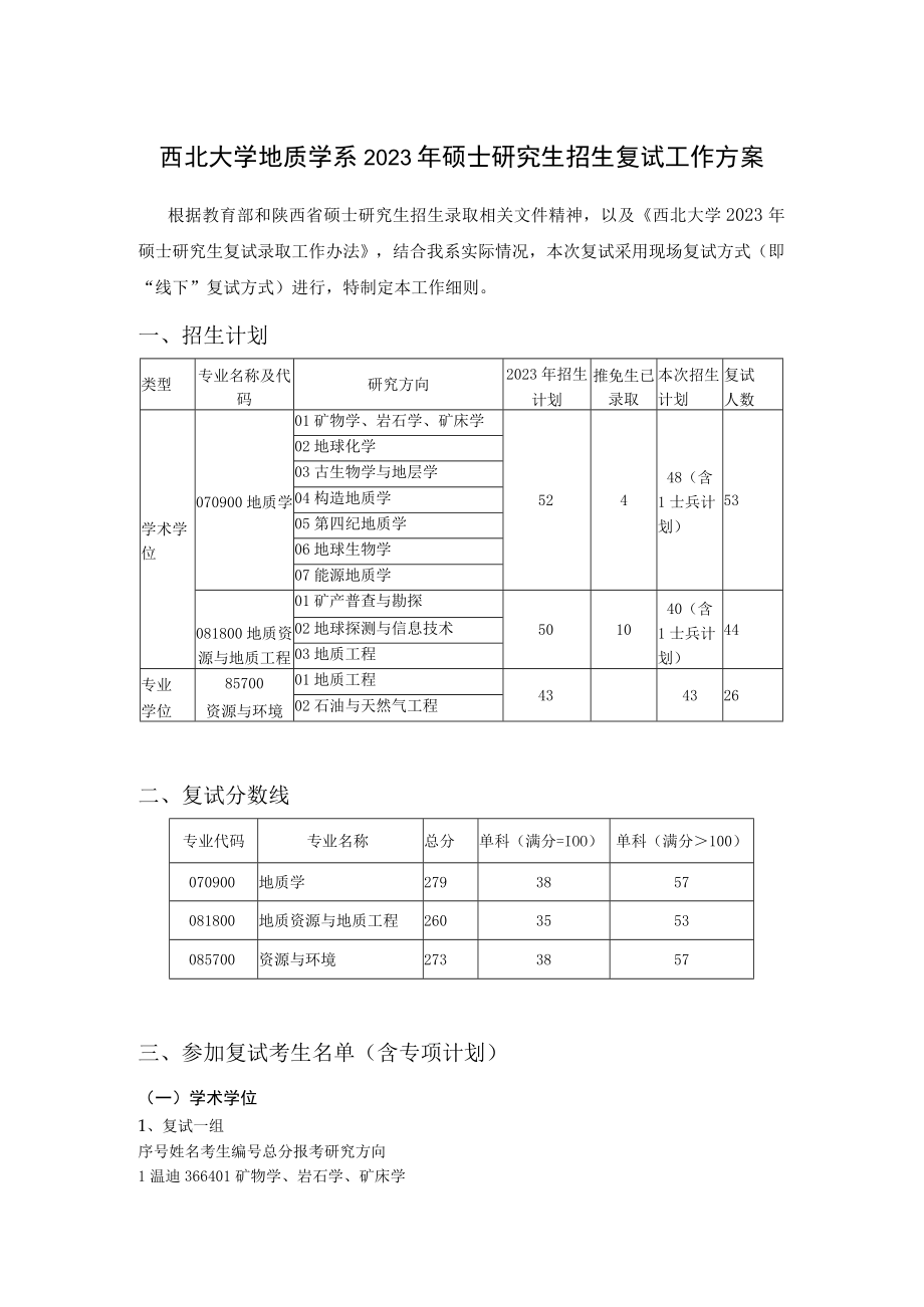 西北大学地质学系2023年硕士研究生招生复试工作方案.docx_第1页