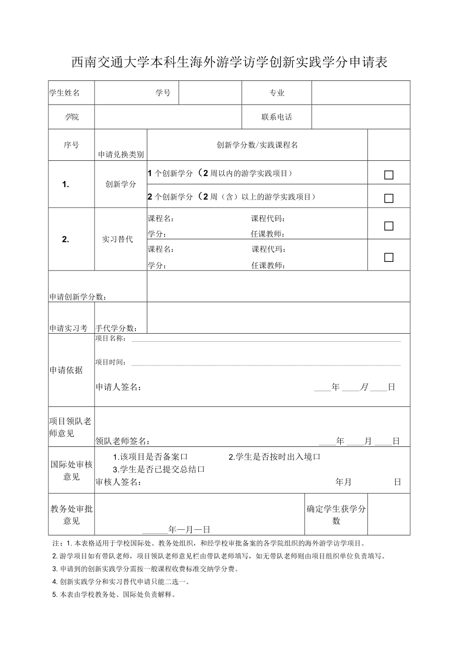 西南交通大学本科生海外游学访学创新实践学分申请表.docx_第1页